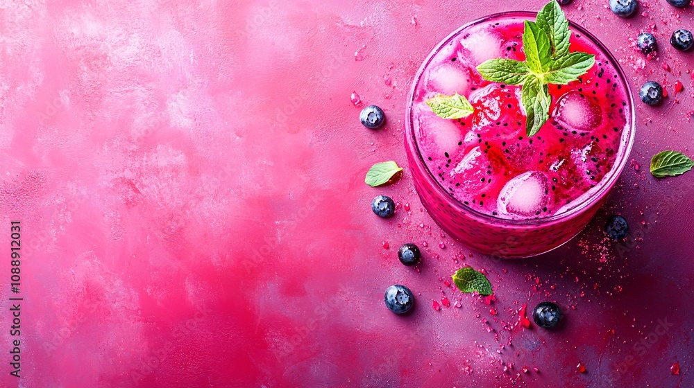 Poster 45-degree topview isolated on background a unique dragon fruit soda with vibrant magenta juice layer