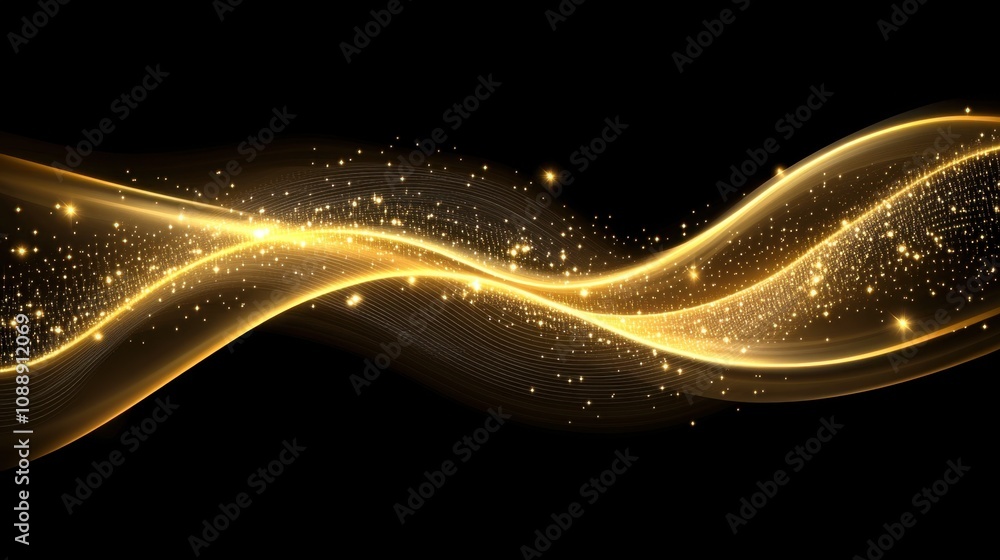 Poster realistic golden abstract background featuring smooth flowing waves and soft sparkles, perfect for e