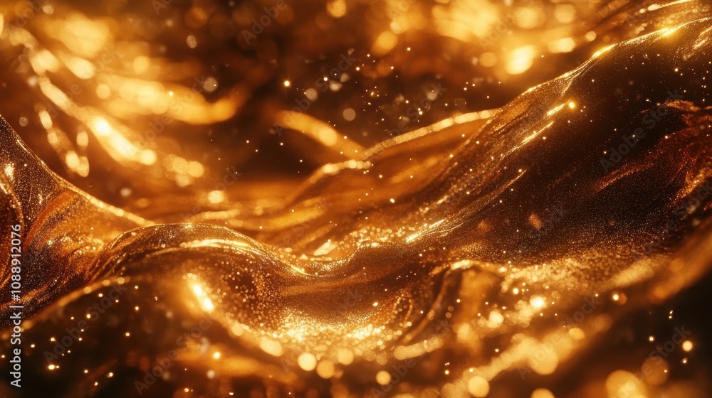 Poster realistic golden abstract background featuring smooth flowing waves and soft sparkles, perfect for e