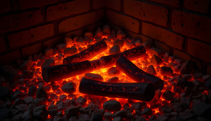 Cozy glowing embers in a fireplace with realistic texture and warm colors
