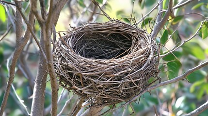 Empty Bird Nest in Tree Branches: A Close-Up View