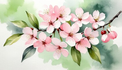 Romantic watercolor blossom branch with delicate pink flowers and fresh green leaves