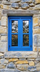 Obraz premium Rustic Blue Window in Stone Wall