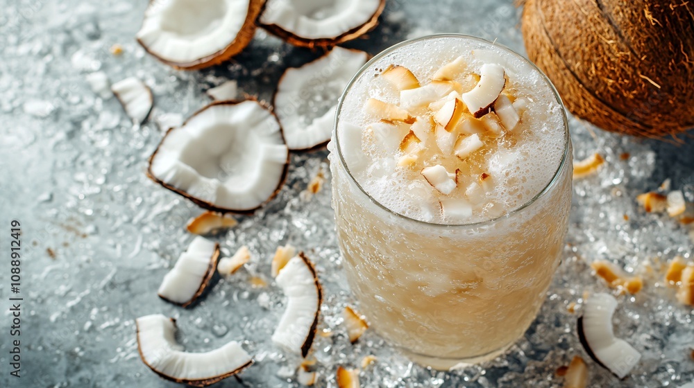 Aufkleber 45-degree topview Isolated on background a creamy coconut soda with translucent coconut water layered under sparkling soda topped with coconut pieces splashing gently on a soft white background with