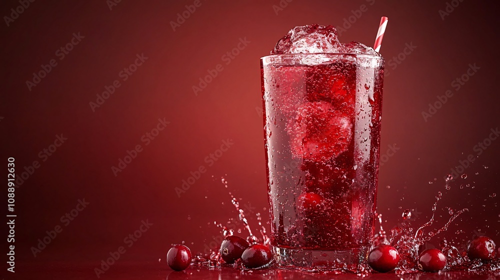 Aufkleber 45-degree topview Isolated on background a tart cranberry soda drink with deep red cranberry juice layered beneath soda and garnished with cranberries splashing vibrantly on a matching red background