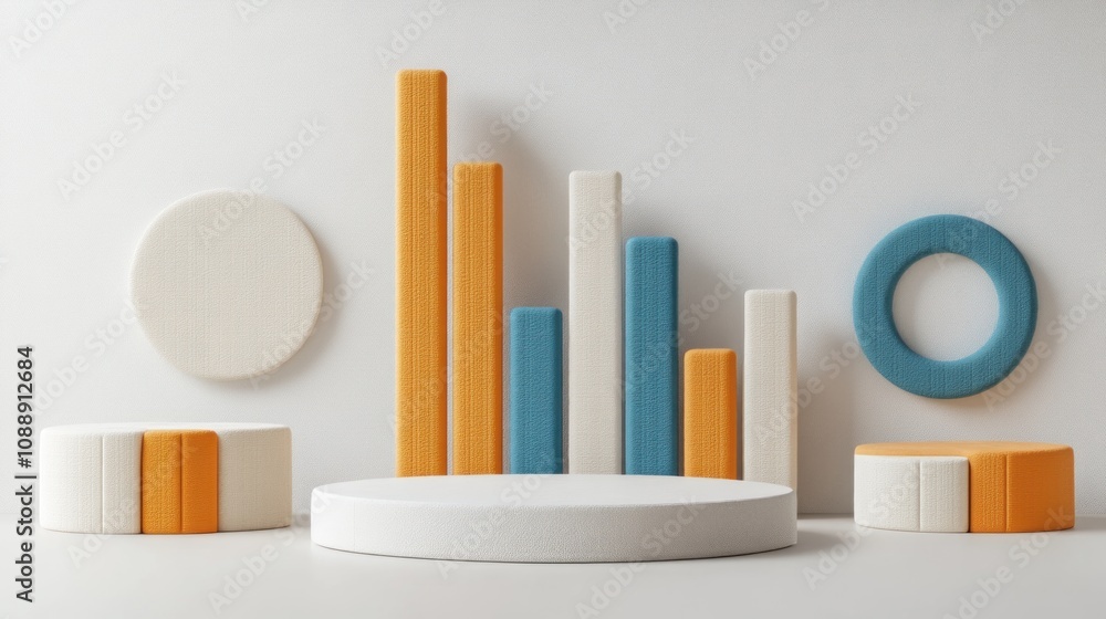 Poster Abstract arrangement of colored shapes and forms on a minimalist background.