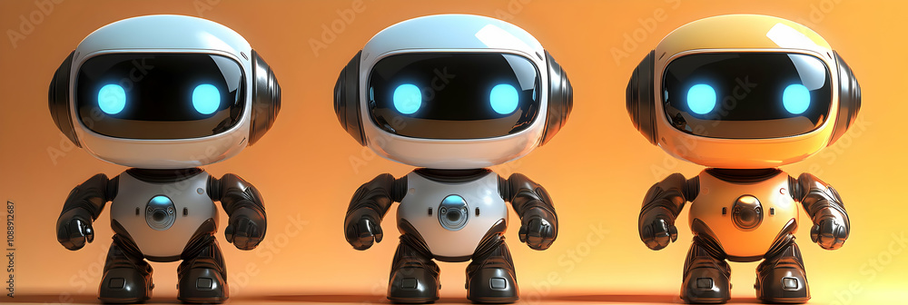 Poster three cute robots stand in a row on an orange background