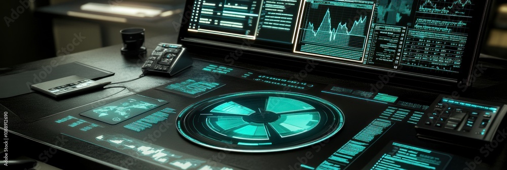 Aufkleber Futuristic control panel with holographic displays and data analytics.