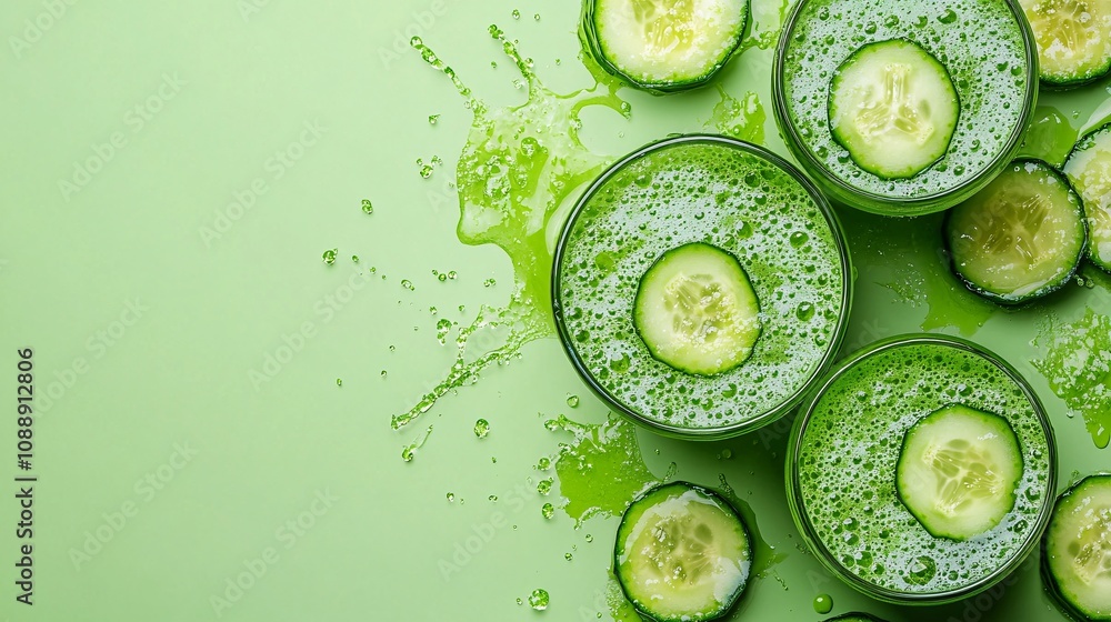 Poster 45-degree topview Isolated on background a refreshing cucumber soda with light green cucumber juice layering under fizzy soda topped with cucumber slices splashing gracefully on a pastel green