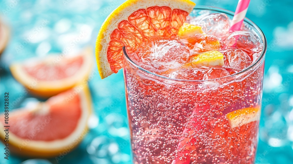 Fototapete 45-degree topview Isolated on background a tangy grapefruit soda with soft coral juice layered under fizzy soda topped with grapefruit slices creating a bright splash on a matching coral background