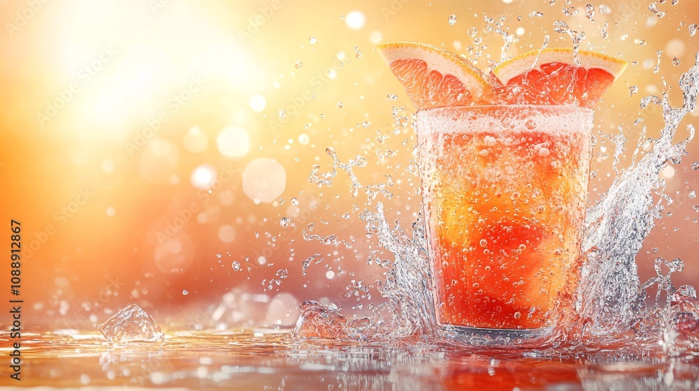 Leinwandbilder 45-degree topview Isolated on background a tangy grapefruit soda with soft coral juice layered under fizzy soda topped with grapefruit slices creating a bright splash on a matching coral background