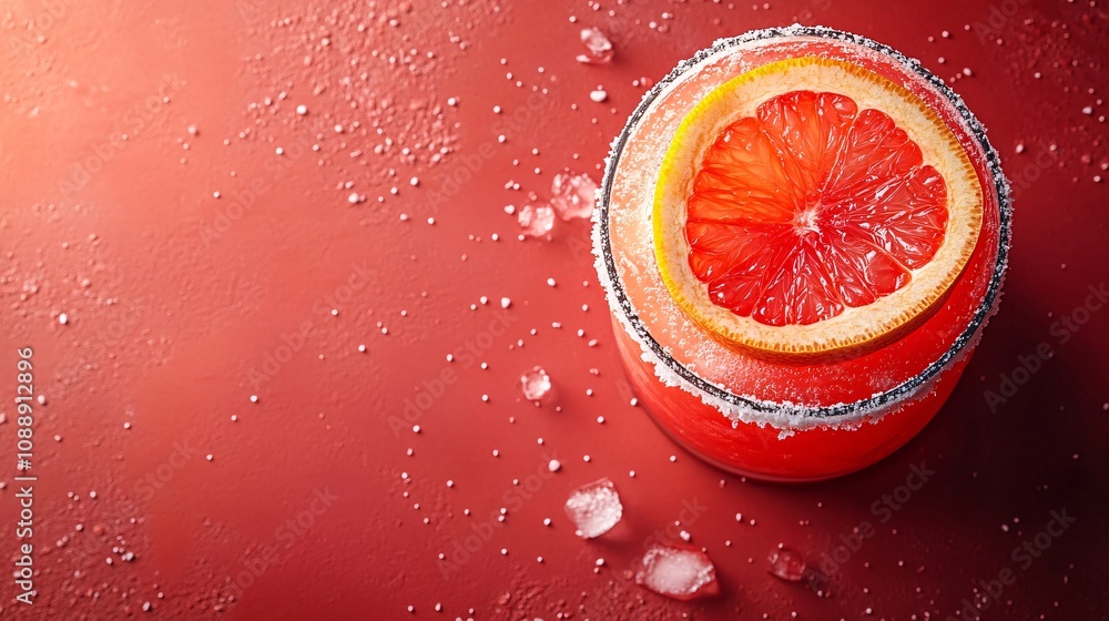 Poster 45-degree topview Isolated on background a tangy grapefruit soda with soft coral juice layered under fizzy soda topped with grapefruit slices creating a bright splash on a matching coral background