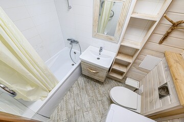 interior apartment room bathroom, sink, decorative elements, toilet. WC, sanitary unit, wash room