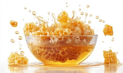 Glass pot filled with honey honeycombs and a sweet sticky honey puddle isolated on white background