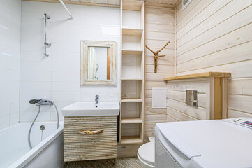 interior apartment room bathroom, sink, decorative elements, toilet. WC, sanitary unit, wash room