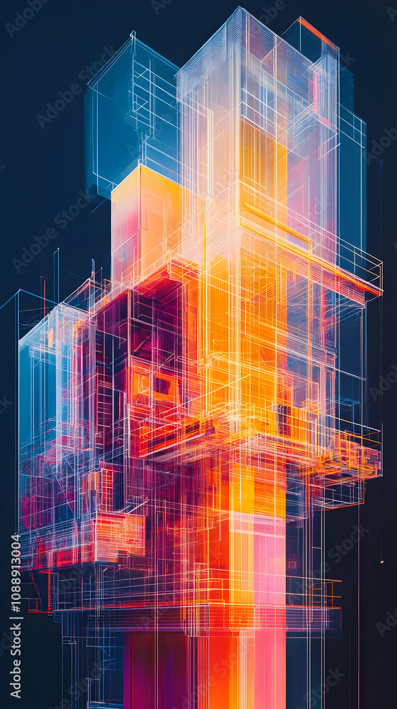 Poster abstract architectural design with vibrant colors and intricate lines on dark background