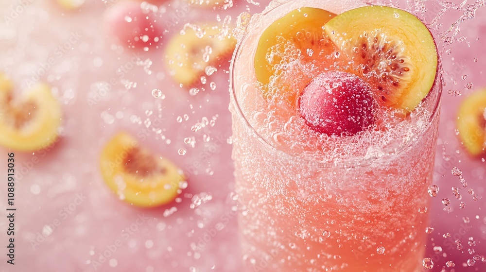 Poster 45-degree topview Isolated on background a tropical guava soda with soft pink guava juice layered beneath fizzy soda and garnished with guava slices splashing delicately on a matching pastel pink