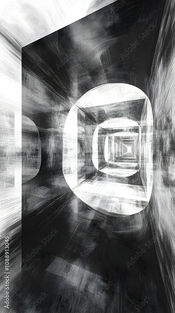 Poster abstract architecture background depicting a dark and endless tunnel perspective