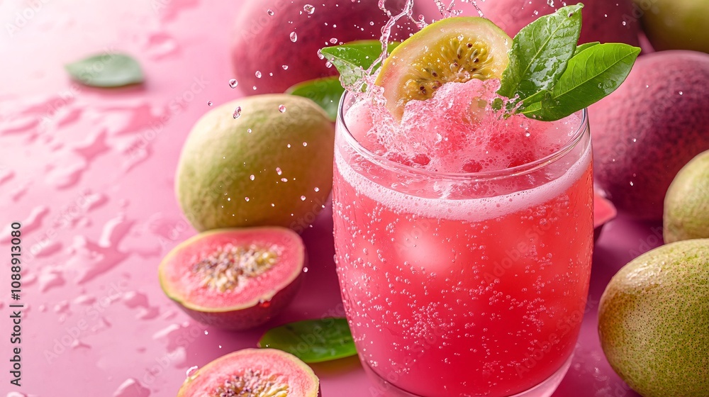 Poster 45-degree topview Isolated on background a tropical guava soda with soft pink guava juice layered beneath fizzy soda and garnished with guava slices splashing delicately on a matching pastel pink