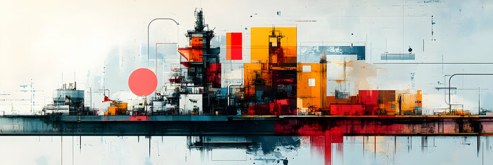 Obraz premium Industrial Landscape Painting with Abstract Shapes and Bold Colors