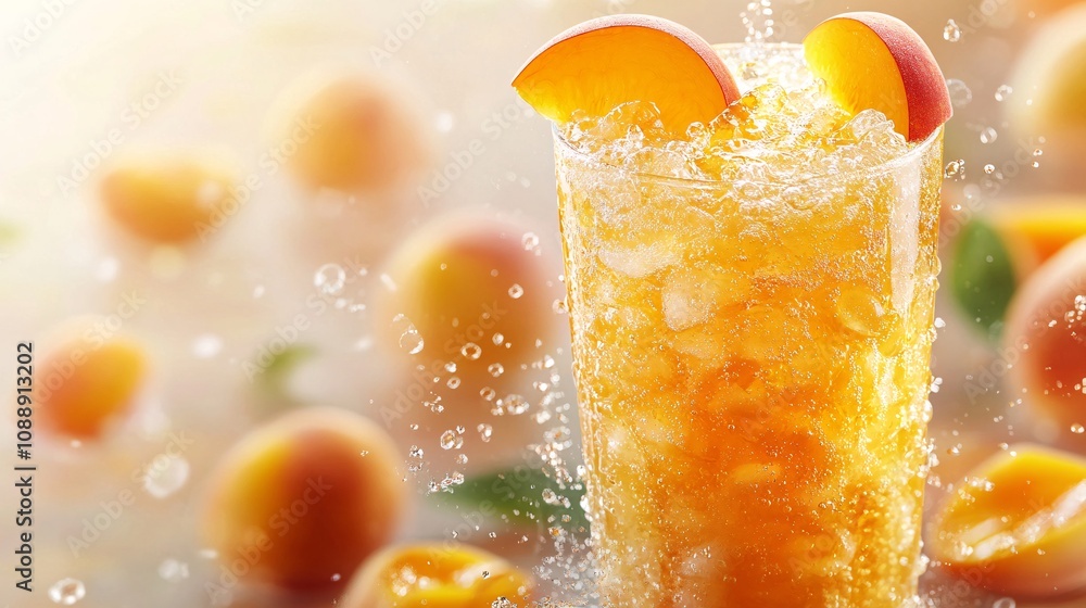 Fototapete 45-degree topview Isolated on background a luscious peach soda with golden-orange peach juice layered beneath clear sparkling soda topped with peach slices splashing dynamically on a peach-toned