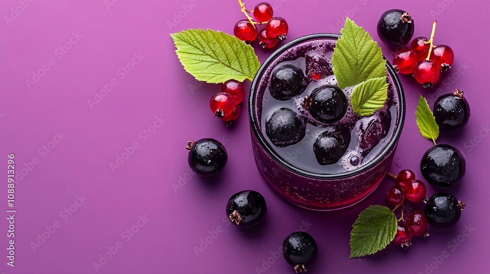 Poster 45-degree topview isolated on background a rich blackcurrant soda drink with deep purple juice layer