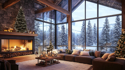 Fototapeta premium Cozy living toom interior with large windows and a fireplace, winter christmas setting