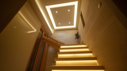 Fototapeta premium Elegant staircase illuminated by warm lights in a modern interior design during evening hours