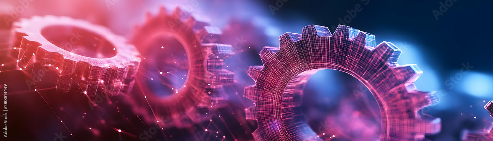 Poster digital gears connect in abstract technological background with network