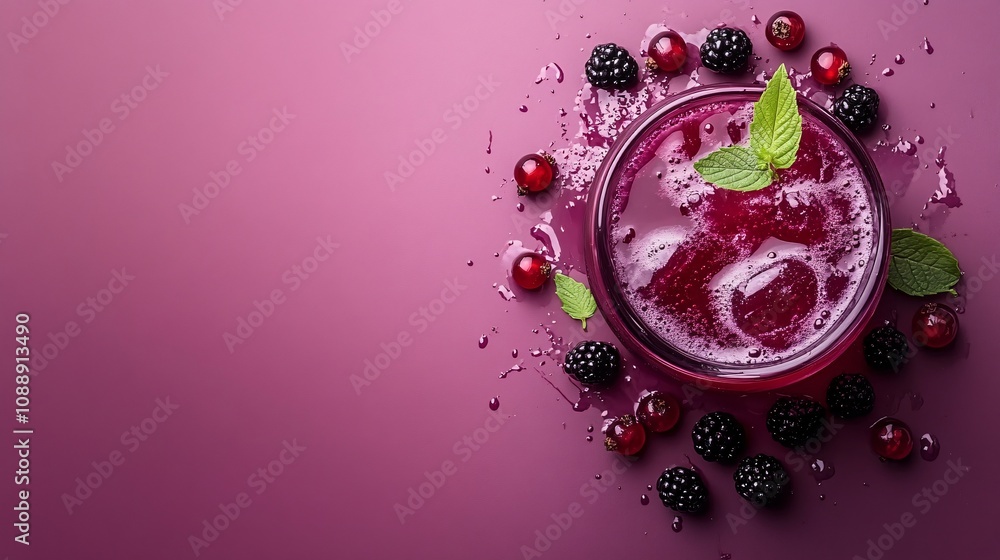 Poster 45-degree topview isolated on background a rich blackcurrant soda drink with deep purple juice layer
