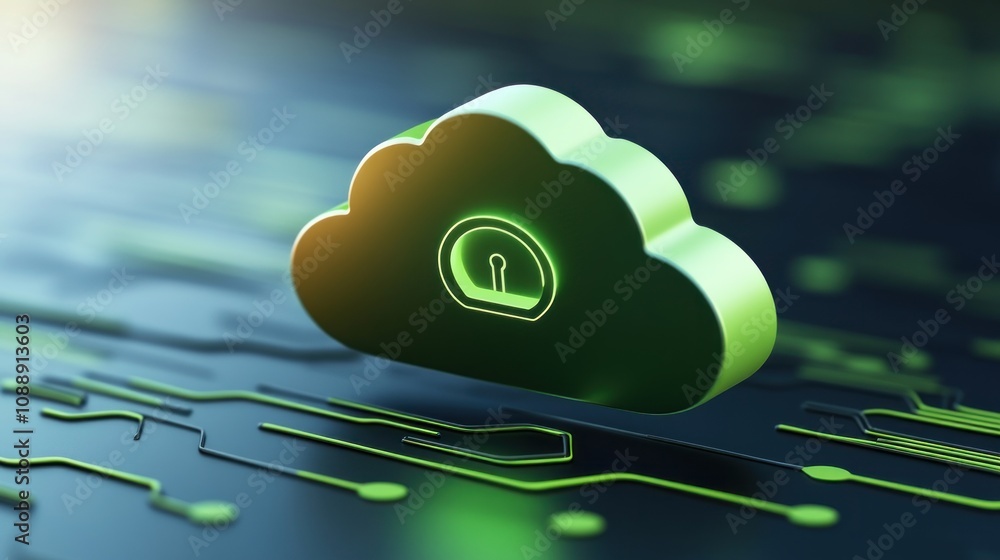 Poster a green cloud symbol with a padlock, representing cloud security and technology.