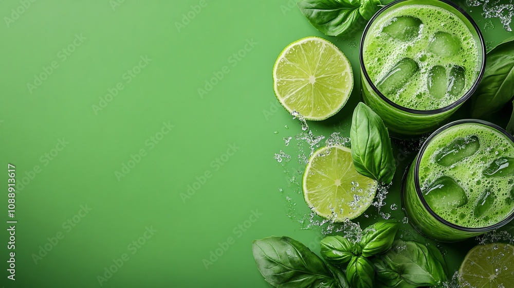 Aufkleber 45-degree topview Isolated on background a unique basil lime soda with soft green juice layering under sparkling soda and basil leaves splashing refreshingly on a mint green background with side