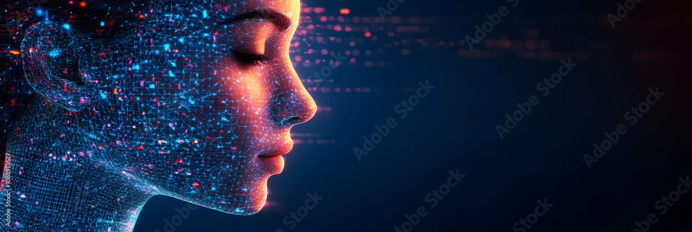Poster 3d render of a woman's face composed of interconnected lines and nodes on a dark blue background