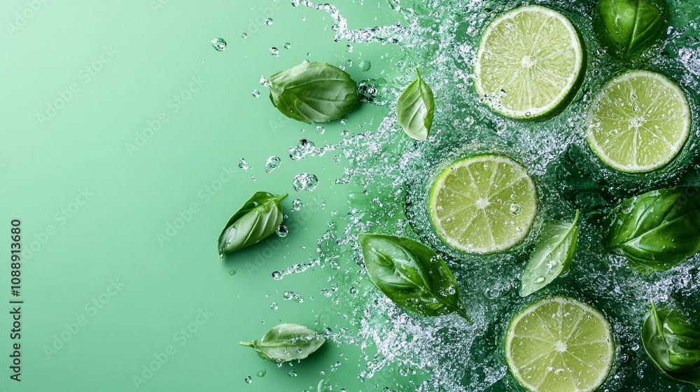 Poster 45-degree topview Isolated on background a unique basil lime soda with soft green juice layering under sparkling soda and basil leaves splashing refreshingly on a mint green background with side