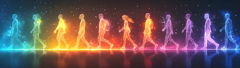 Fototapeta premium Abstract Rainbow Light Trail Follows Glowing People Walking Forward