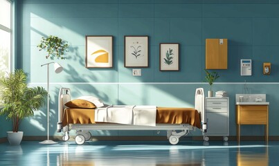 Illustration hospital interior in recovery or inpatient room with bed and amenities