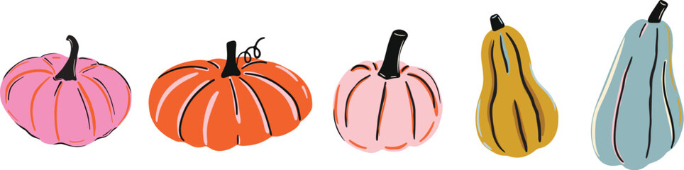 Hand drawn cute colorful pumpkin illustration for fall themed and thanksgiving celebration. 