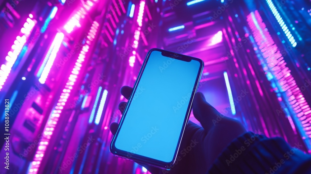 Aufkleber a person stands in a futuristic space, showcasing a smartphone with a blank screen, amidst colorful 