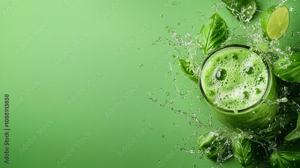 Aufkleber 45-degree topview Isolated on background a unique basil lime soda with soft green juice layering under sparkling soda and basil leaves splashing refreshingly on a mint green background with side