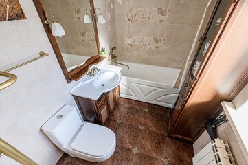 interior apartment room bathroom, sink, decorative elements, toilet. WC, sanitary unit, wash room