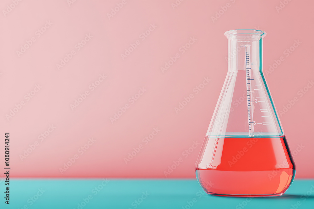 Poster chemical experiment in laboratory beaker with red liquid on table science concept minimalist environ