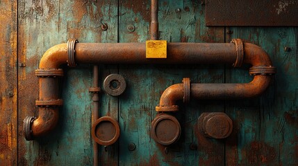 A close-up of rusty pipes against a weathered wooden background, showcasing industrial textures and colors.