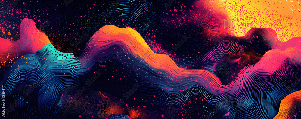Poster abstract background with colorful wavy lines and speckles