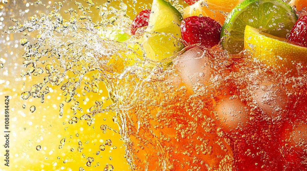 Aufkleber 45-degree topview Isolated on background a refreshing mixed fruit soda with colorful layers of juice and sparkling soda topped with assorted fruit slices creating a dramatic splash on a light rainbow