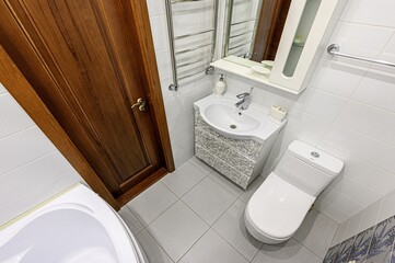 interior apartment room bathroom, sink, decorative elements, toilet. WC, sanitary unit, wash room