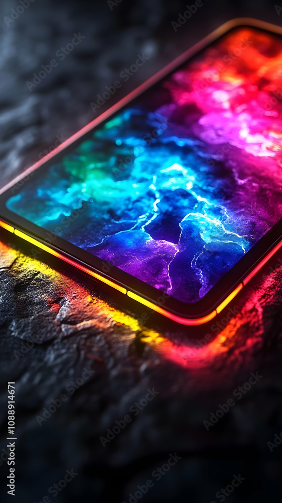 Poster glowing tablet on textured surface with vibrant abstract background
