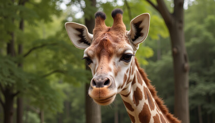 Fototapeta premium Giraffe looking at the camera in close-up in the forest