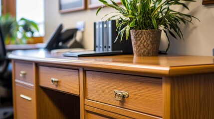 Fototapeta premium A wooden office desk with drawers, a plant, and a phone, creating a professional workspace atmosphere.