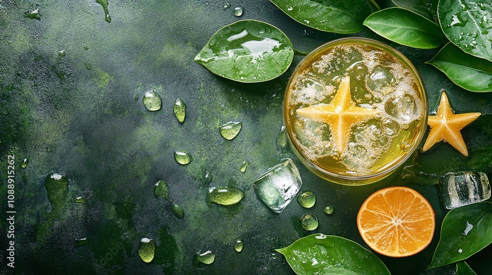 Aufkleber 45-degree topview isolated on background a unique star fruit soda with pale green juice layering und