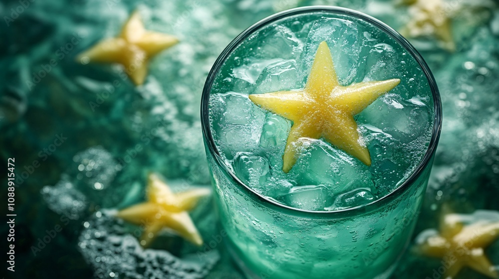 Poster 45-degree topview isolated on background a unique star fruit soda with pale green juice layering und